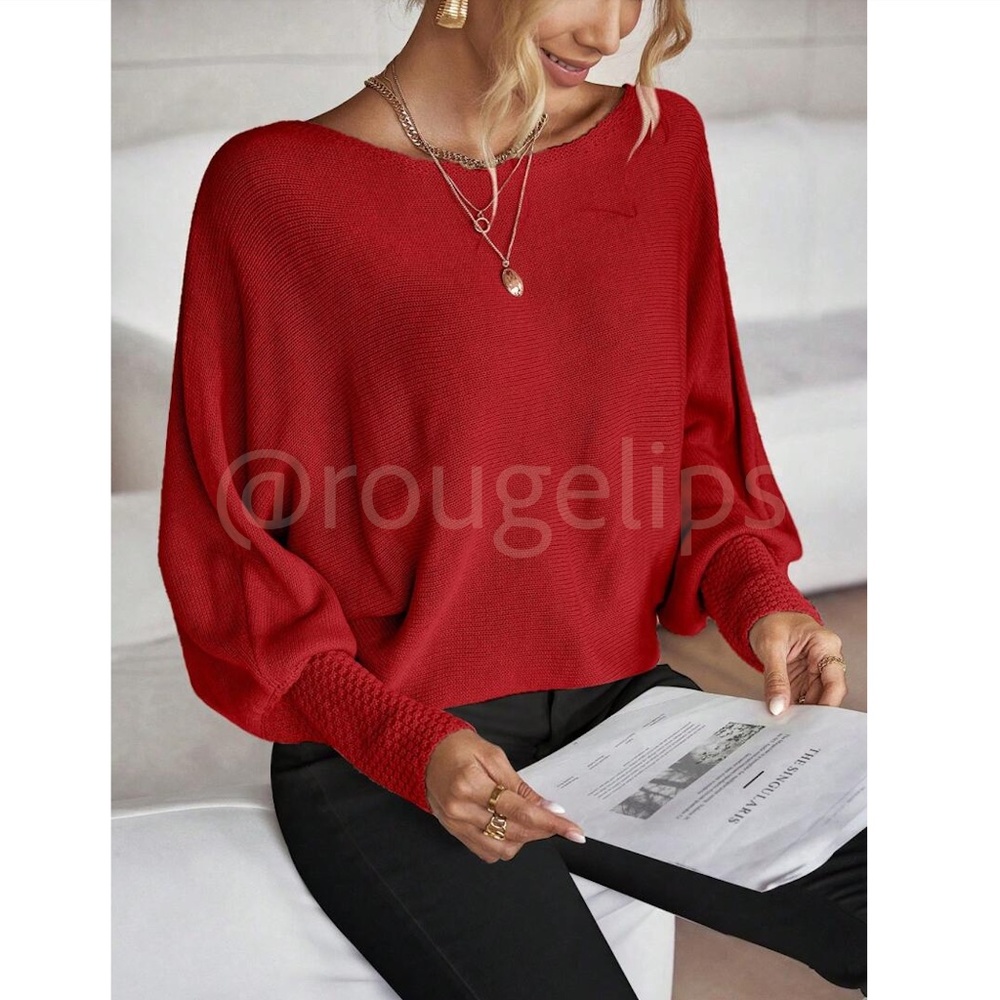 Red Boat Neck Light Knit Sweater Batwing Sleeve Loose Fit, Stretchy - Picture 3 of 8